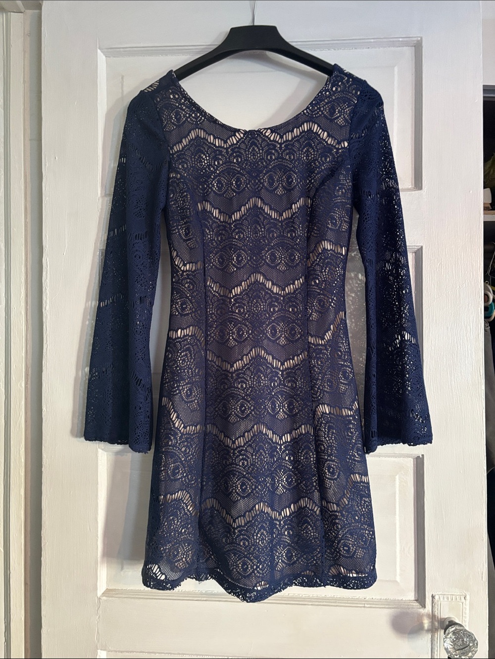 Navy Lace Bell-Sleeve Dress